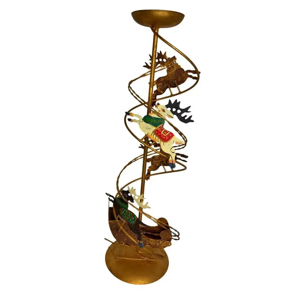 Vintage Christmas Brass Spiral Reindeer Sleigh Candle Holders Decor Set of 2